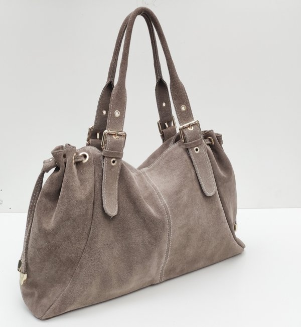 Zamszowa torebka z troczkiem skóra naturalna Vera Pelle taupe