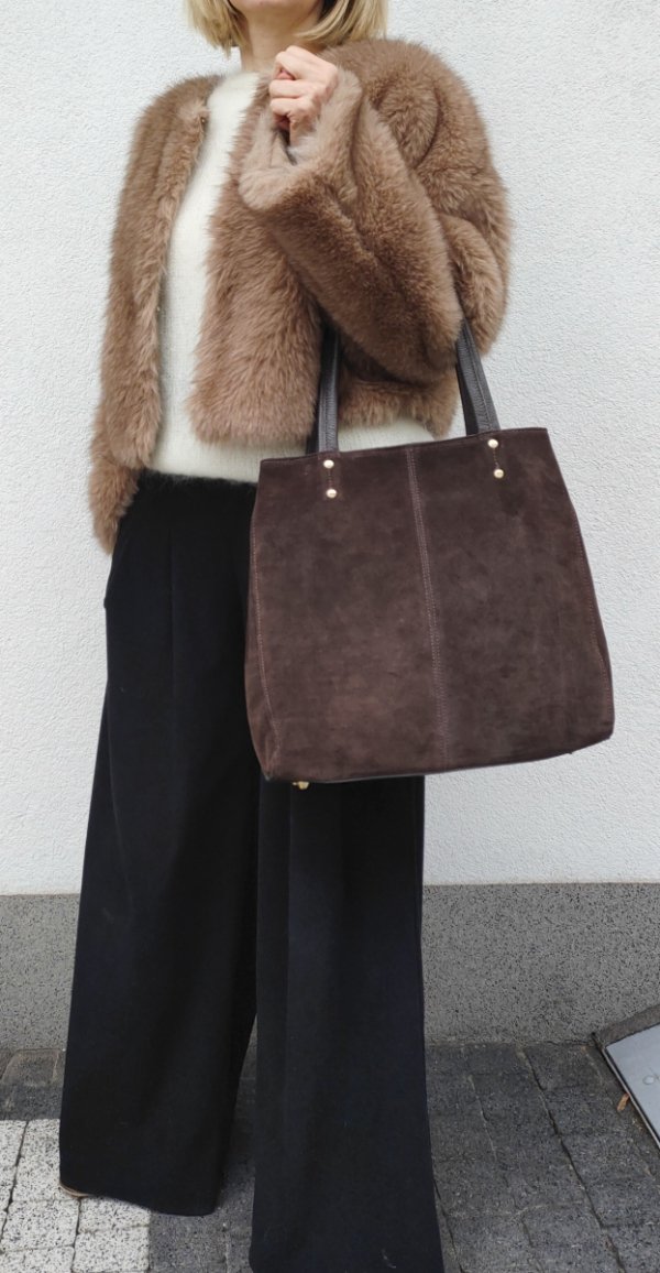Zamszowy czekoladowy torebka shopper skóra