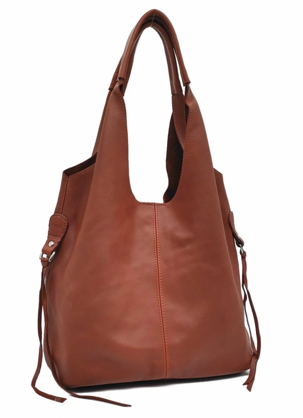 Brązowa Torebka Shopper z Naturalnej Skóry - 2w1