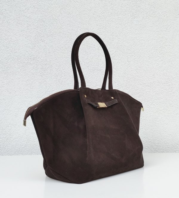 Torebka shopper zamszowa Vera Pelle skóra brązowa czekoladowa Laura Biaggi
