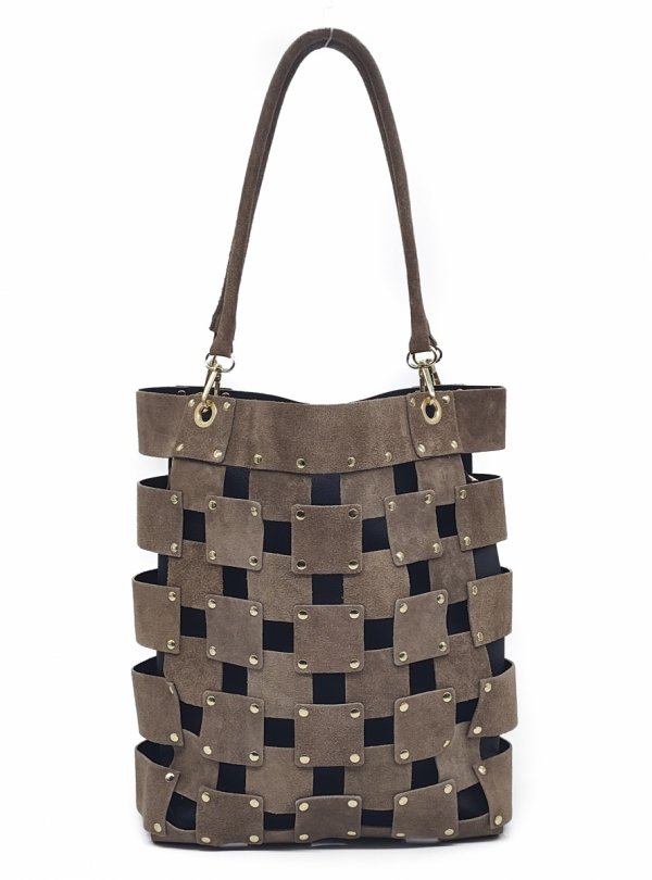 Torebka shopper zamszowa Vera Pelle skóra mocha beżowa Laura Biaggi