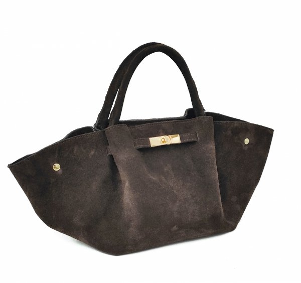 Trapezowa czekoladowa torebka kuferek naturalny zamsz Laura Biaggi