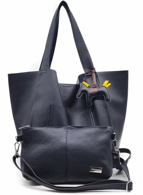 Czarny shopper worek Torebka z Naturalnej Skóry - 2w1