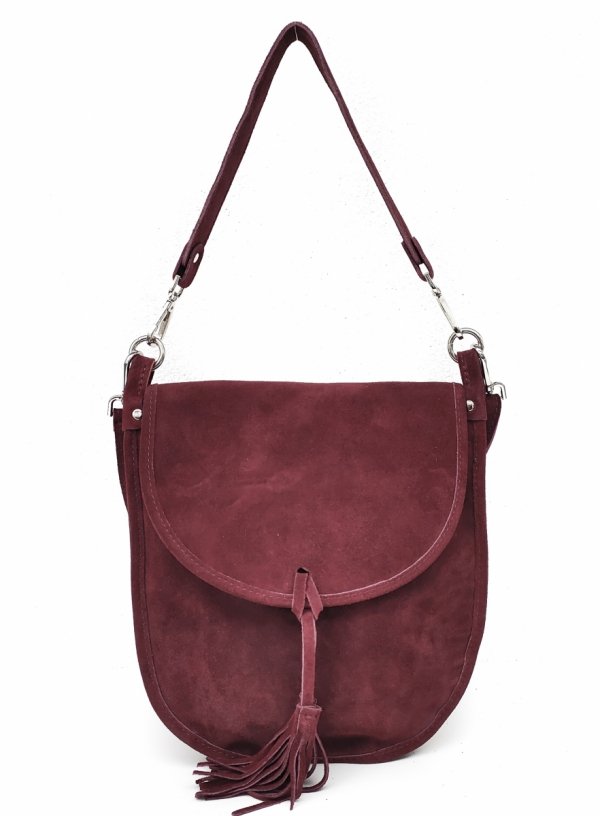 Zamszowa bordowa listonoszka torebka z frędzlem