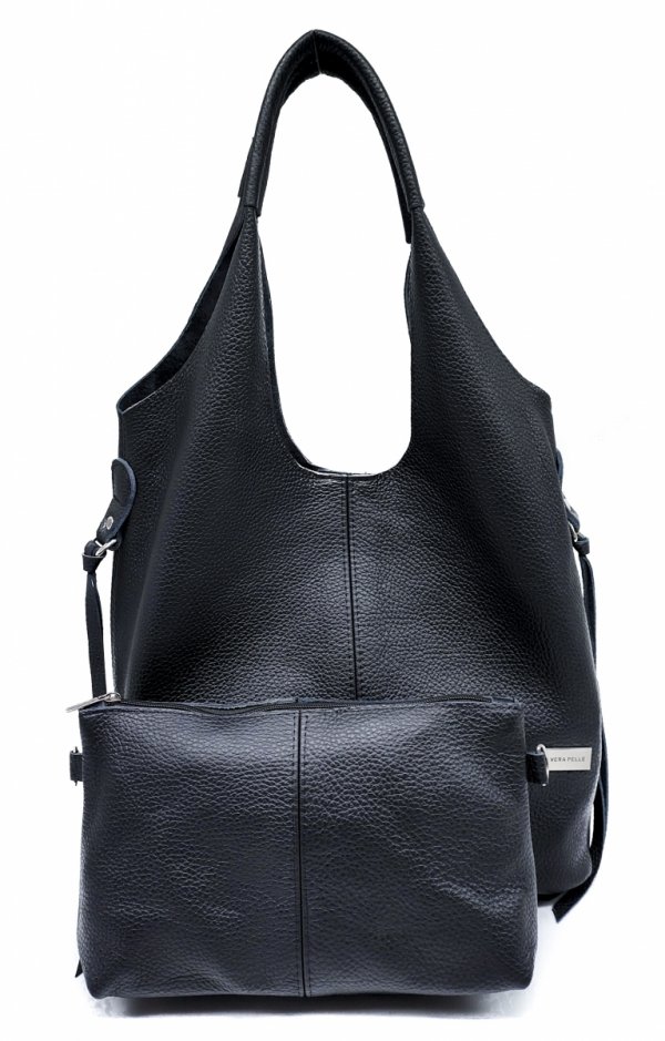 Czarna Torebka Shopper z Naturalnej Skóry - 2w1