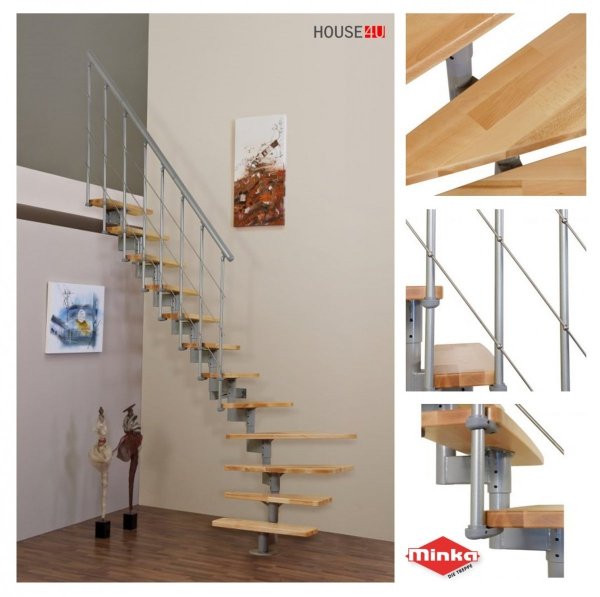 Minka Raumspartreppe Style Buche mit Mittelholm Wendeltreppe, gewendelt Holztreppe, gerade Buche Raumhöhe: 294 – 304cm, Stufen: 12, Stufenbreite: 70cm