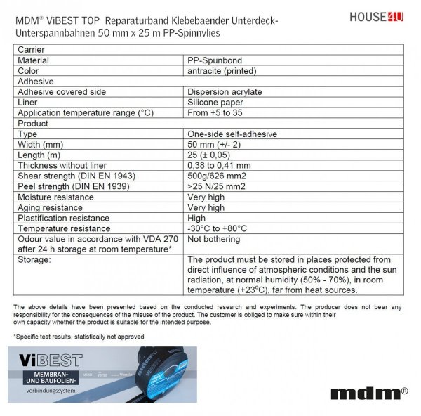 MDM® ViBEST TOP  Reparaturband Klebebaender Unterdeck-Unterspannbahnen 50 mm x 25 m PP-Spinnvlies