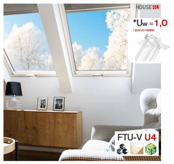 Dachfenster Fakro FTU-V U4 3-fach Verglasung Schwingfenster aus weiß lackiertem Holz PU-Kunststoff-Lack, Dauerlüftung V40P, topSafe-System Uw: 1,1 Polyurethan-Kunststofflack erhöhter Feuchteresistenz
