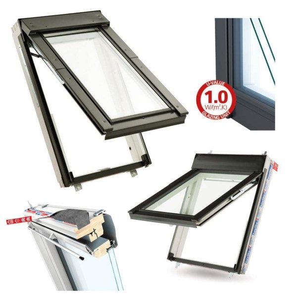 Dachfenster Keylite Polar Klapp-Schwingfenster FT FE Thermal Uw=1,3 weiß Holz 2-Fach Verglasung Fluchtwegsfenster 0 – 45 ̊ offen,