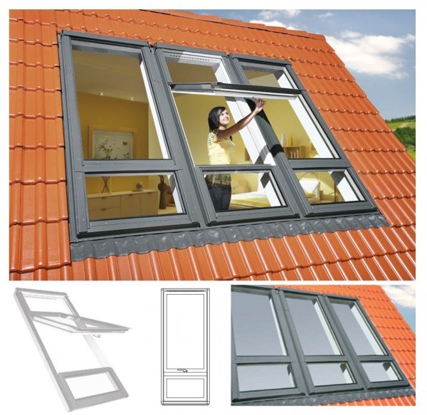 Dachfenster Fakro FDY-V/U Duet proSky Fenster Mit Höher Versetzter Schwingachse und Unterem Festelement mit dreifach Holzlackierung