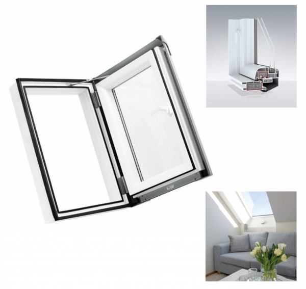 Ausstiegsfenster Skyfens PVC Skylight Loft 45x73 Dachausstieg aus Kunststoff,  Profile in Weiß PVC Uw = 1,8 W/m2K  Dachluken - Dachausstieg - Dachluke - Dachfenster