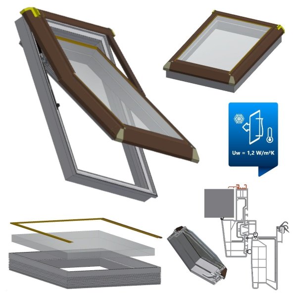Dachfenster SkyLight Triplo PCV Schwingfenster Kunststoff - Profil PVC Weiß Uw= 1,3 Dachschwingfenster 2-fach Verglasung 7043 8019 RAL Boden-Griff 