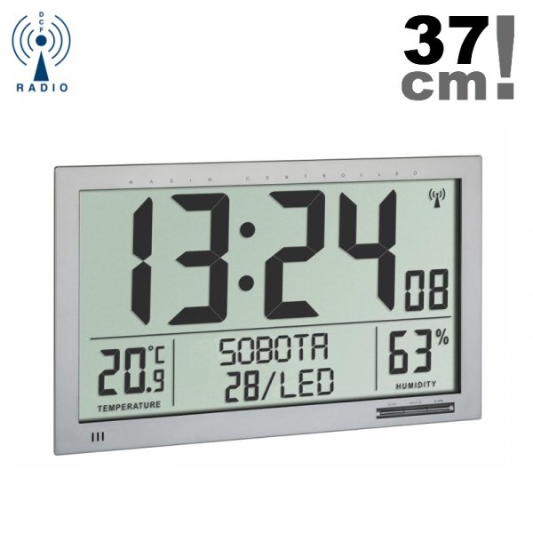 TFA 60.4517 zegar elektroniczny ścienny biurowy sterowany radiowo z termohigrometrem język polski duży 37 cm