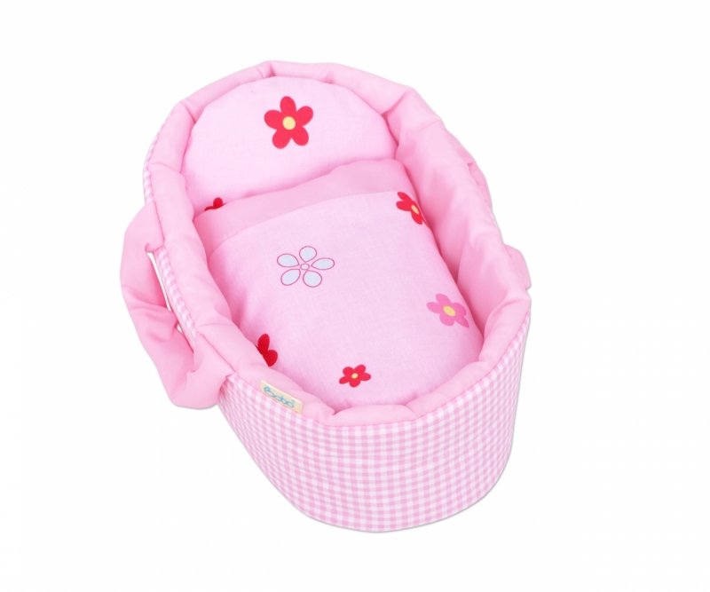 Nosidełko mini dla lalki do 26 cm RÓŻOWA KRATKA z kwiatuszkami