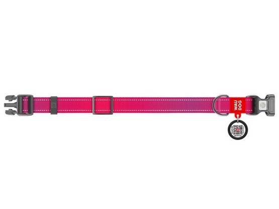 Collar WauDog Nylon Mono Obroża nylonowa odblaskowa z QR-paszportem, plastikowy fastex, S 15mm/25-35cm różowa