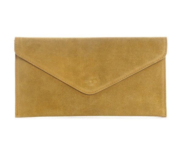 Skórzana włoska torebka wizytowa kopertówka Solome L1 żółty musztardowy zamsz przód