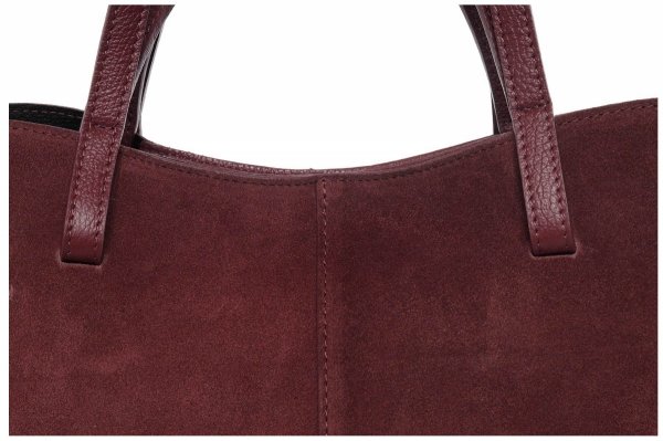 Włoska skórzana torba damska Shopperka Solome Rosa bordowa zamszowa detal