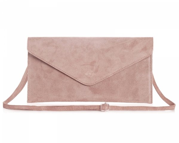 Skórzana włoska torebka wizytowa kopertówka Solome L1 pudrowy róż zamsz na pasku