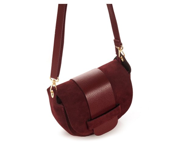 Bordowa skórzana listonoszka torebka damska na ramię zamszowa z góry