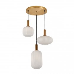 Dekoracyjna złota lampa wisząca w stylu ART DECO białe szklane ryflowane klosze DELLA PND-31982-3-GD Italux