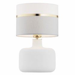 Elegancka biała lampa stołowa lampka nocna uniwersalna szklana z dekoracyjnym abażurem ze złotymi elementami dekor BEJA 4361 Argon