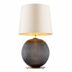 Elegancka lampa stołowa lampka nocna ciemne szkło kula beżowy abażur satyna mosiądz do salonu HAMILTON 8538  Argon