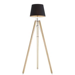 Loftowa drewniana lampa stojąca podłogowa industrialna z podstawą w stylu statywu i czarnym tkaninowym abażurem ASTER 3421 Argon