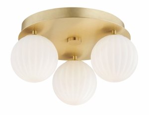 Złoty plafon nowoczesny elegancki 3 płomienny mosiądz białe kule 12cm opal mat mleczne ryflowane szkło PALOMA 6305 Argon
