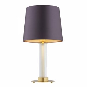 Duża lampa stołowa lampka nocna transparentne ryflowane szkło śliwkowy abażur satyna mosiężny stelaż HAMPTON 8543 Argon