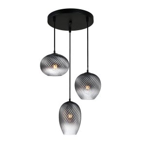 Lampa wisząca potrójna szklana żłobiony klosz dekoracyjna czarna w nowoczesnym stylu Alias PND-3672-3A-BK-SG Italux