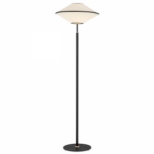 Lampa podłogowa utrzymana w eklektycznym amerykańskim stylu z tkaninowym abażurem o niebanalnym kształcie TROY 4283 Argon