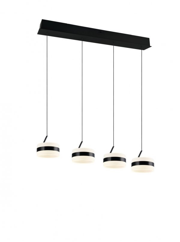 Czarna, poczwórna lampa wisząca Trio DIOS 331410432 o cylindrycznym kształcie, z czterema zwisami LED, funkcją CCT i możliwością ściemniania.