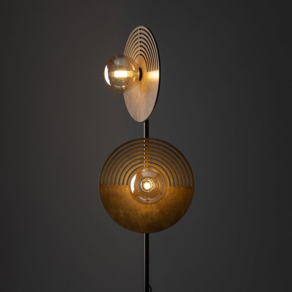 Dekoracyjna nowoczesna lampa podłogowa stojąca drewniane okrągłe elementy w stylu boho szklane bursztynowe klosze LUNAR WOOD 16135 TK-Lighting