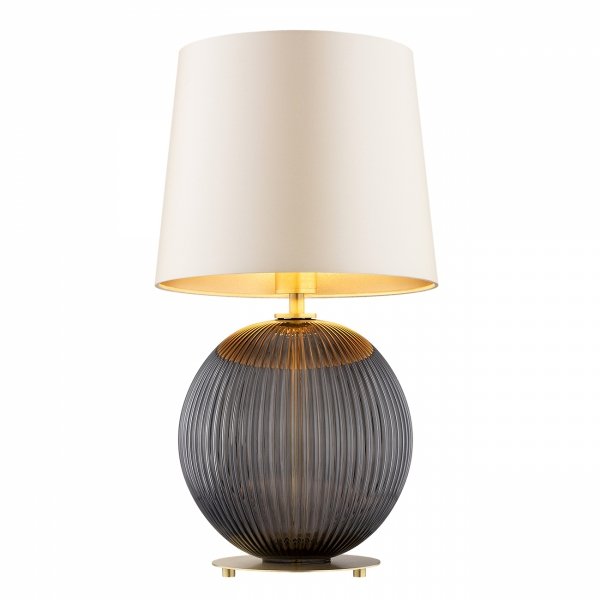 Elegancka lampa stołowa lampka nocna ciemne szkło kula beżowy abażur satyna mosiądz do salonu HAMILTON 8538  Argon