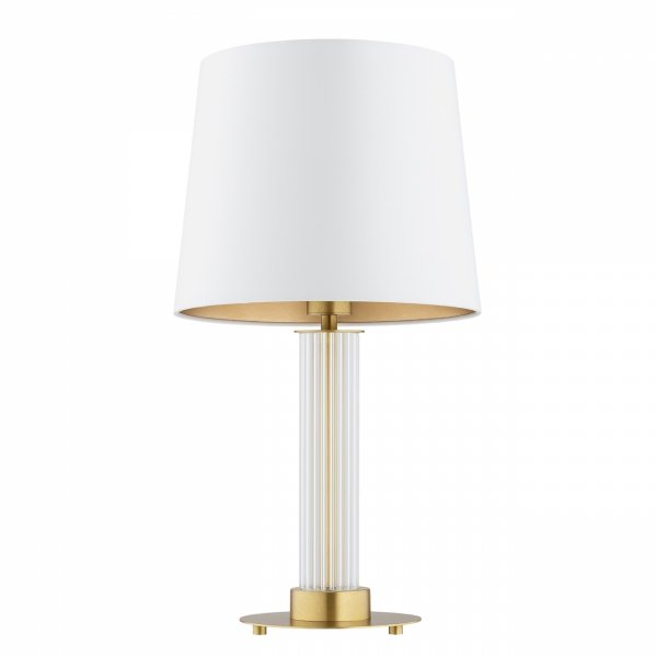 Minimalistyczna lampa stołowa lampka nocna transparentne ryflowane szkło biały abażur satyna mosiądz szczotkowany HAMPTON 8540 Argon