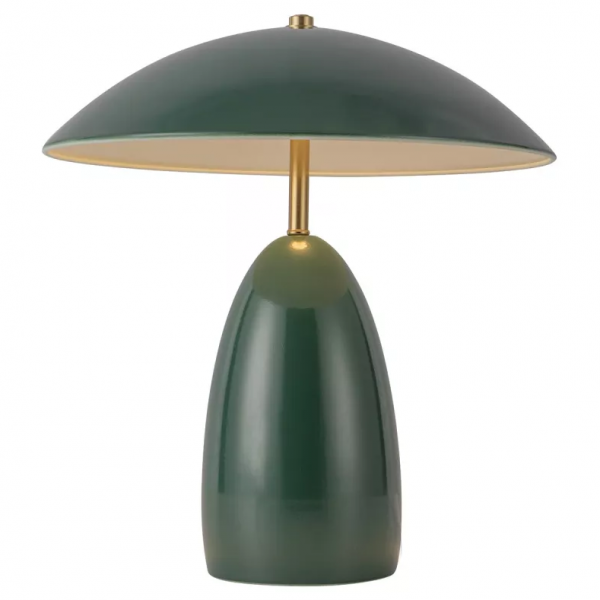 Elegancka ciemnozielona lampa stołowa LED Poppy o gładkiej powierzchni, ustawiona na stylowym stoliku w otoczeniu roślin doniczkowych.