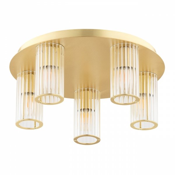Plafon elegancki 45cm 5-płomienny mosiądz transparentne szkło ryflowane tubki glamour HAMPTON 2178 Argon