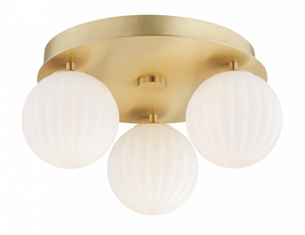 Złoty plafon nowoczesny elegancki 3 płomienny mosiądz białe kule 12cm opal mat mleczne ryflowane szkło PALOMA 6305 Argon