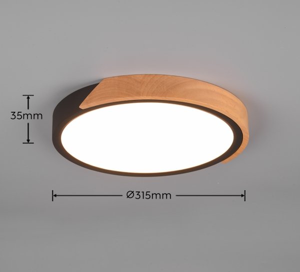 Okrągły nowoczesny czarny plafon sufitowy LED z elementem drewna JANO R67201132 RL