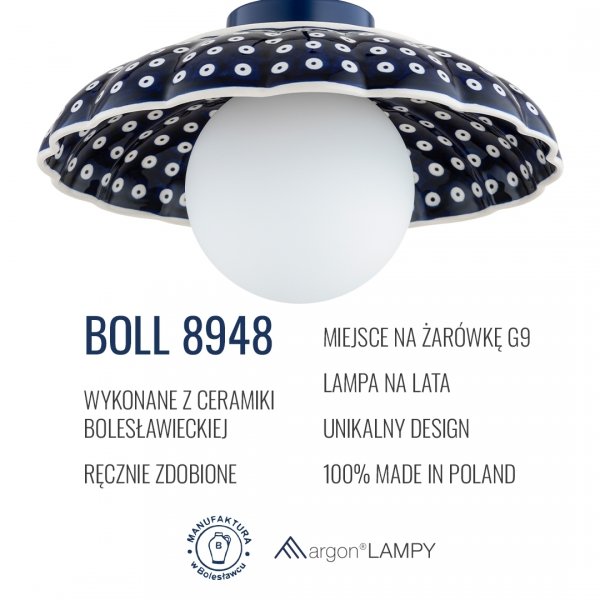 Lampa wisząca ceramika Bolesławiec granatowa muszla w kropki ręcznie zdobiona designerska wyjątkowa BOLL 8948 Argon x Manufaktura w Bolesławcu 