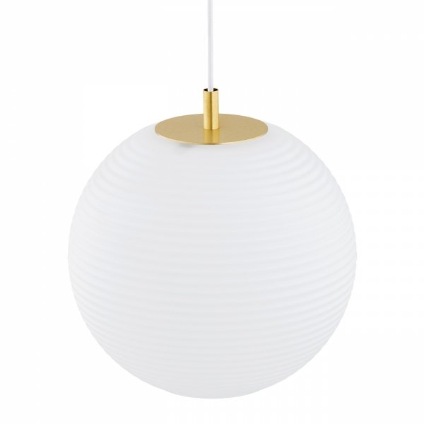 Prosta lampa wisząca minimalistyczna szklana kula ryflowana poziomo biała mosiądz okrągła podsufitka elegancka EVANS 8578 Argon