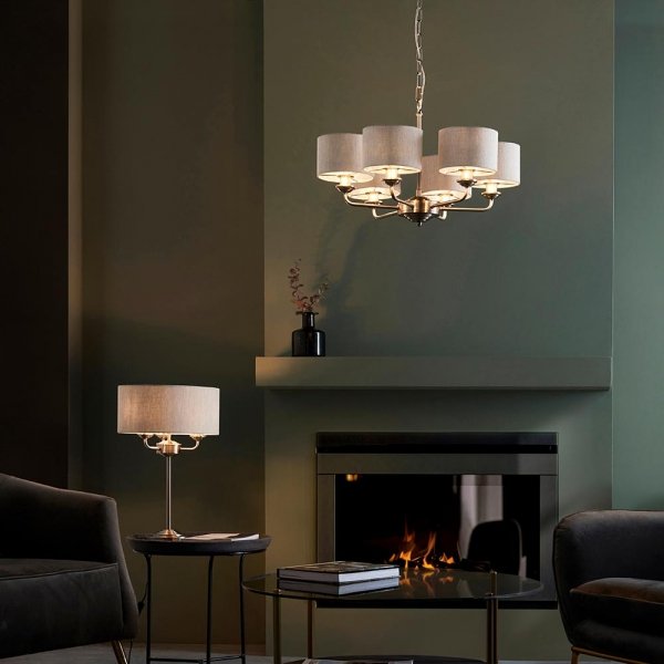 Lampa wisząca abażurowa sześciopłomienna lniana okrągła chromowana minimalistyczna klasyczna HIGHCLERE 99151 ENDON 