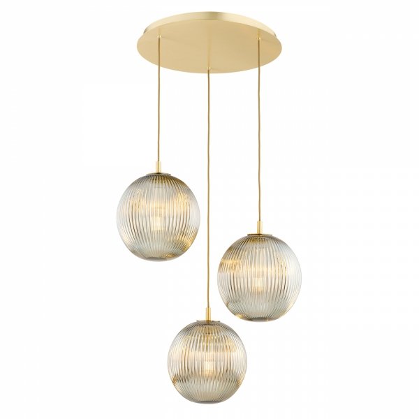 Lampa wisząca glamour 3 płomienna szklana szary lister kule różne wysokości złota na okrągłej podsufitce PALOMA 6312 Argon