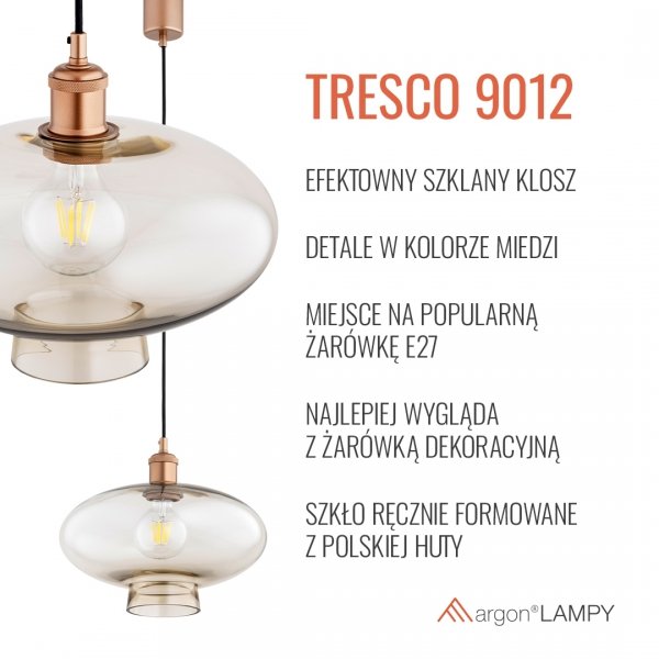 Szklana lampa wisząca TRESCO 9012 Argon Szkło dymione, Szampański, Miedziane detale