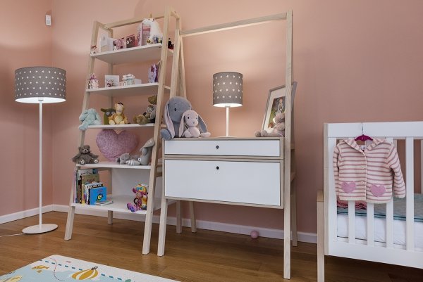 Dziecięca lampa stołowa biurkowa lampka nocna biała z tkaninowym abażurem w białe gwiazdki stal lakierowana MAGIC 4126 Argon