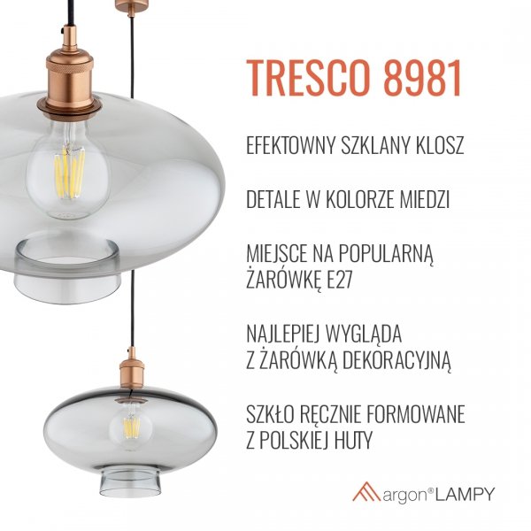 Szklana lampa wisząca TRESCO 8981 Argon Dymione Szkło Miedziane detale