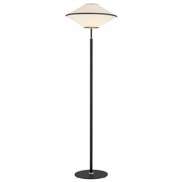 Lampa podłogowa utrzymana w eklektycznym amerykańskim stylu z tkaninowym abażurem o niebanalnym kształcie TROY 4283 Argon
