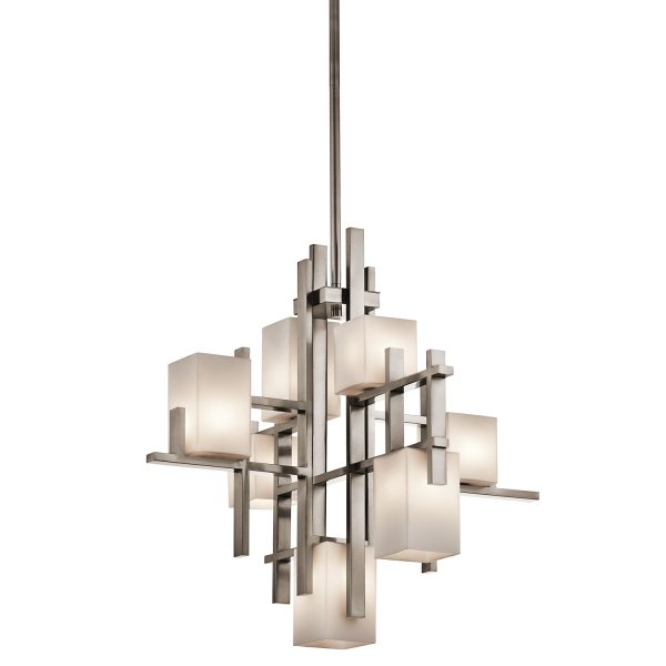 Żyrandol City Lights - 7 źródeł światła Klasyczny pewter geometryczna kwadratowe szklane klosze możliwość ściemniania KL-CITY-LIGHTS7A KICHLER