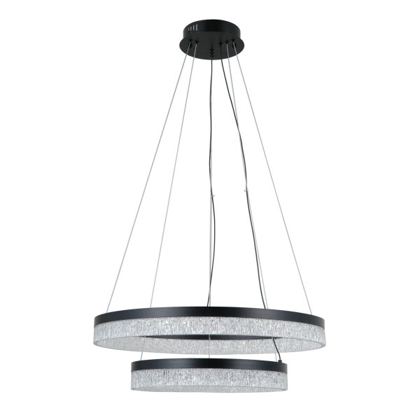 Nowoczesna czarna lampa wisząca Italux Pantal PND-34533-2L-BK. Konstrukcja składa się z dwóch świetlistych pierścieni (ringów) zawieszonych na cienkich linkach, z transparentnym kloszem o strukturze kryształu.