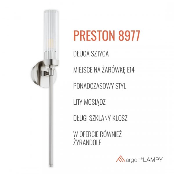 Kinkiet ścienny PRESTON 8977 Nikiel szkło ryflowane Glamour
